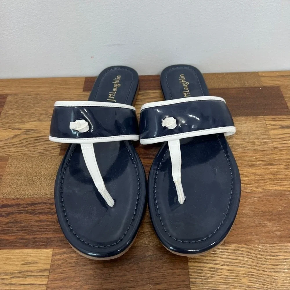 J Mclaughlin Leslie Sandal 8.5 Navy‎ Patent Leather Thong Summer Nautical Strap